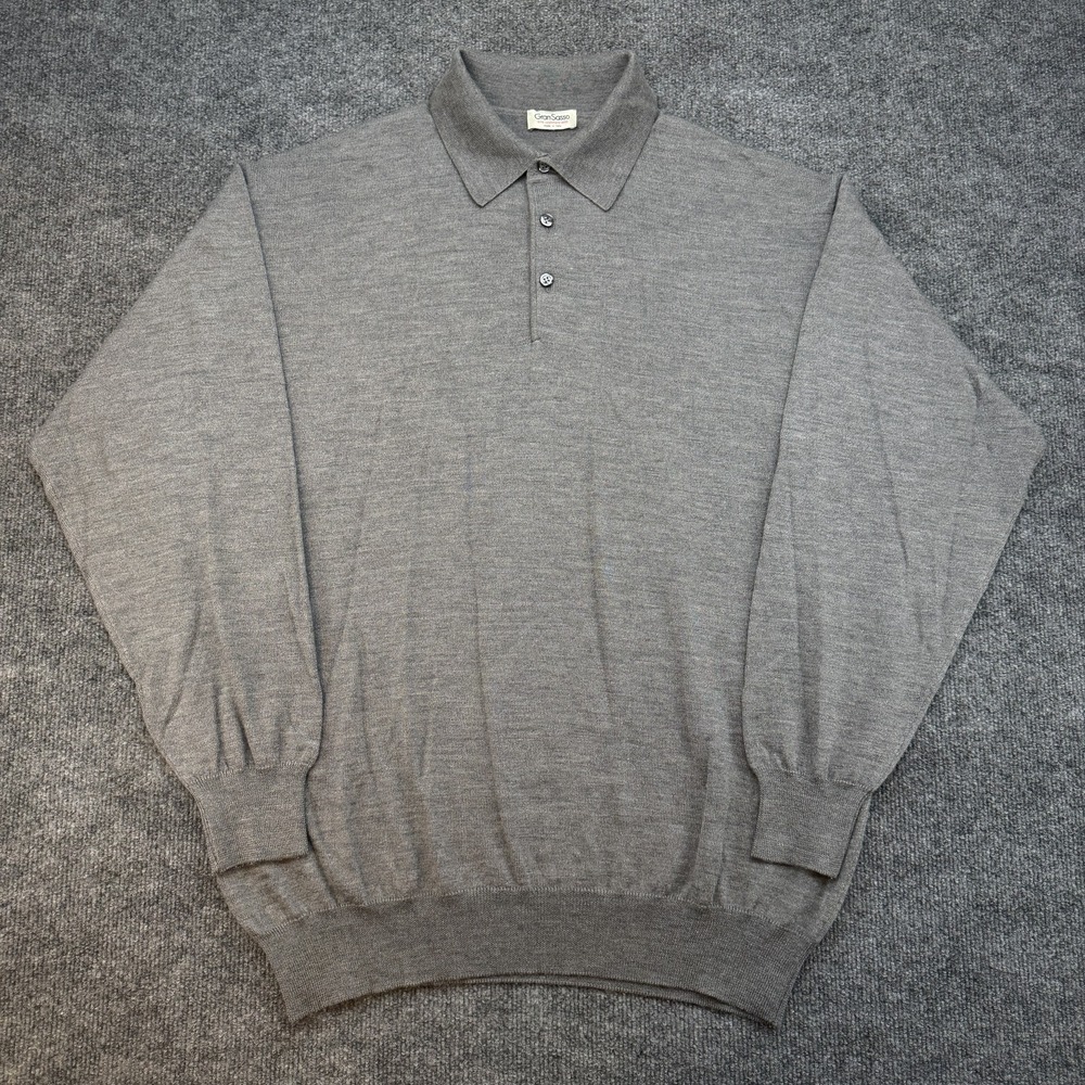 Gran Sasso Polo Sweater Mens 54 Gray Wool Cashmere Silk Knit Long Sleeve Italy